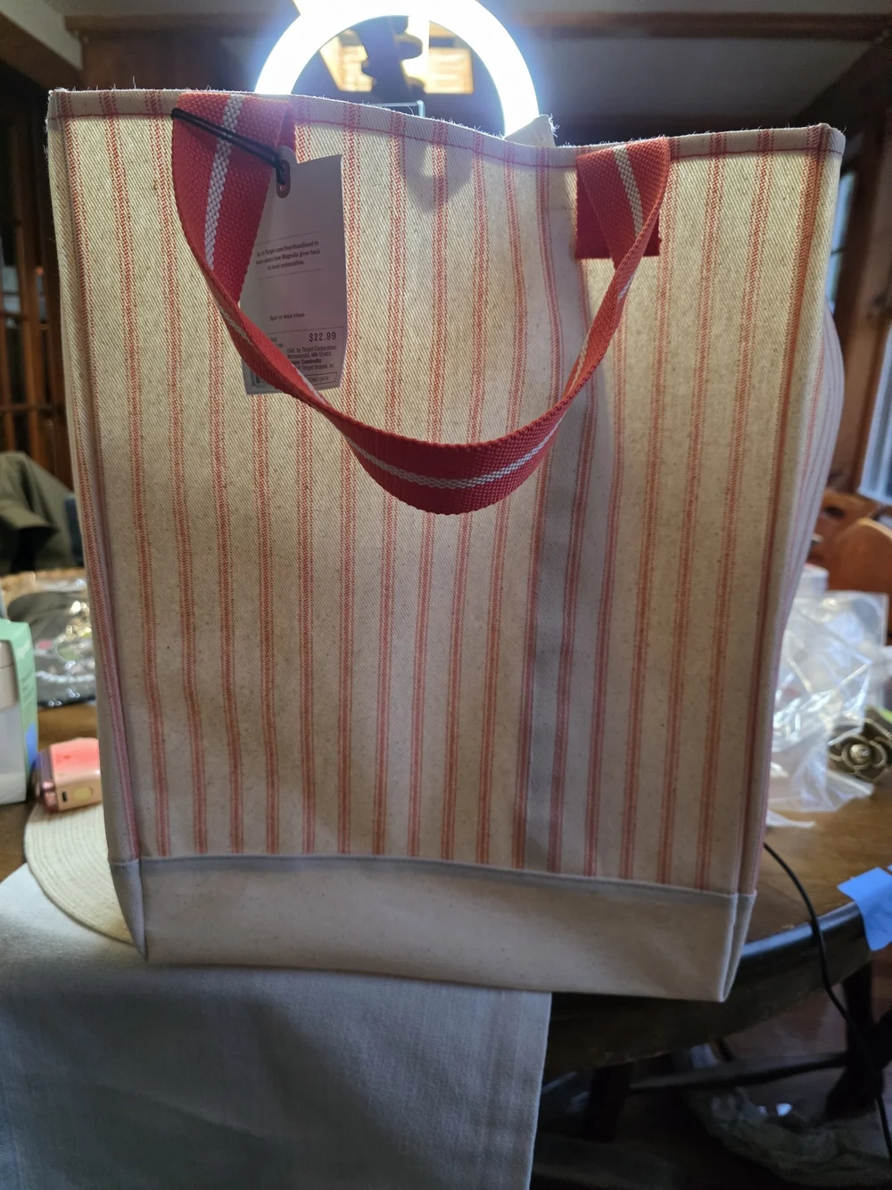 Hearth & Hand Cream Canvas Tote with Red Striped Handles